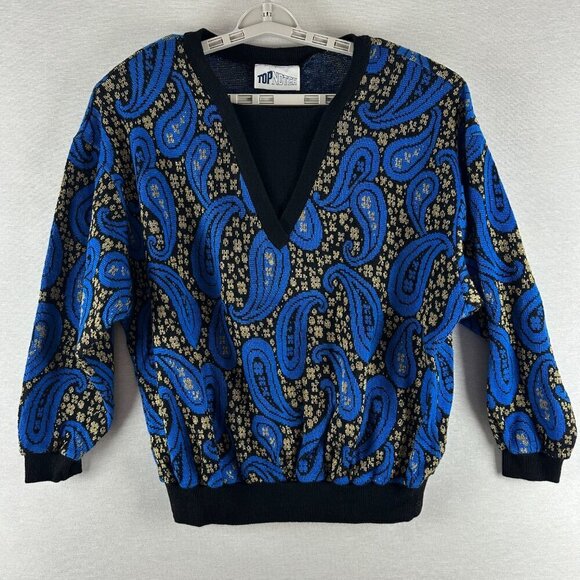 Top Notch Sweaters - TOP NOTCH WOMEN'S VINTAGE PULLOVER SWEATER BLUE, BLACK & GOLD PAISLEY DESIGN XL